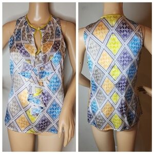 Etcetera 100% Silk Sleeveless Ruffle Blouse Top Blue Purple Green Size 2